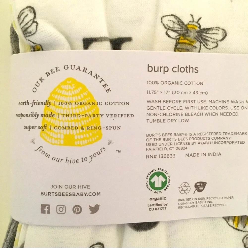 NEW Burp Cloths 100% Organic Cotton ABC’s Alphabet + More Prints | Burt’s Bees